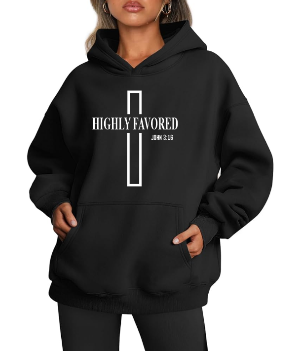 HIGHLY FAVORED - UNISEX BLACK HOODIE " CROSS LOGO "