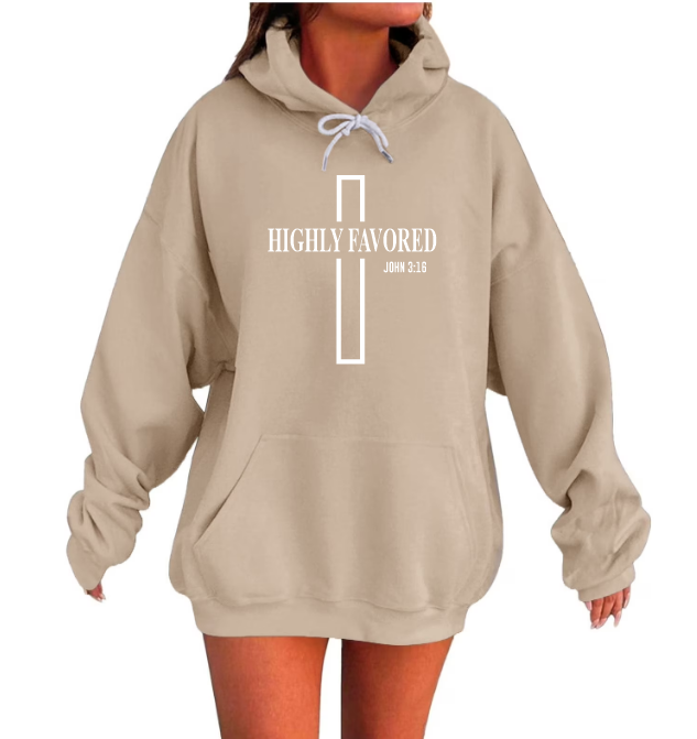 HIGHLY FAVORED - LIGHT BROWN HOODIE - UNISEX " CROSS LOGO"