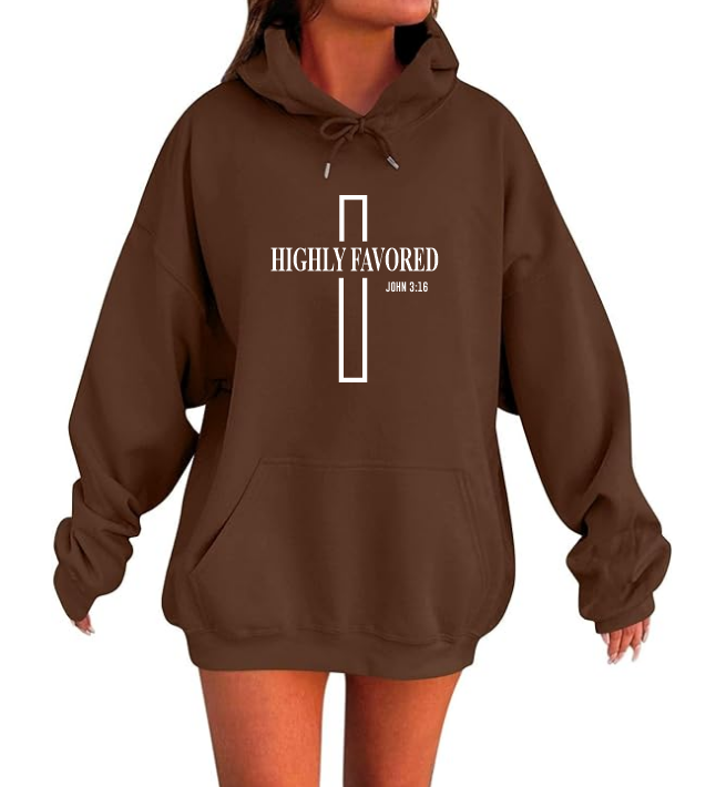 HIGHLY FAVORED - DARK BROWN HOODIE - UNISEX " CROSS LOGO"