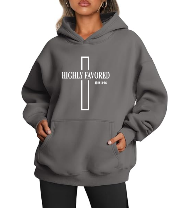 HIGHLY FAVORED -  CHARCOAL GREY HOODIE - UNISEX " CROSS LOGO"